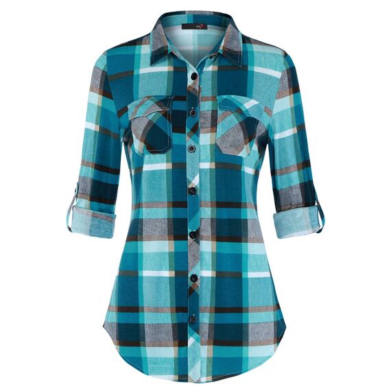 DJT Damen Weiches Gestrick Karierte Bluse Langarm 3/4 Roll Up Ärmel Hemdbluse Button-down Blusen Blau L