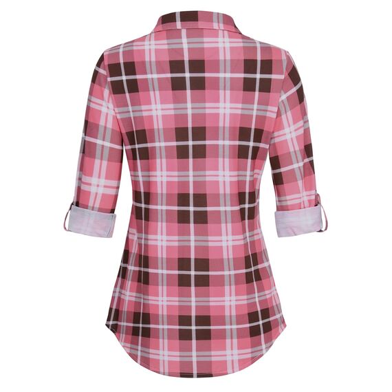 DJT Damen Weiches Gestrick Karierte Bluse Langarm Oberteile Roll Up Ärmel Hemdbluse Shirts Button Down Blusen Top Rosa-Braun XL