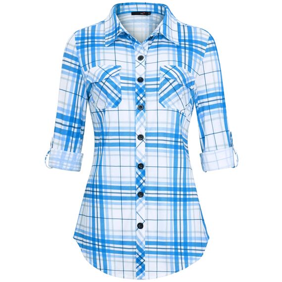 DJT Damen Weiches Gestrick Karierte Bluse Langarm Oberteile Roll Up Ärmel Hemdbluse Shirts Button Down Blusen Top Blau-Weiß XL