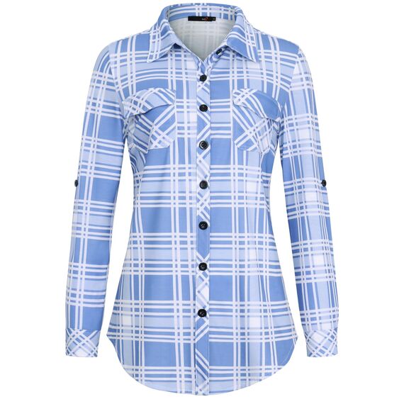 DJT Damen Weiches Gestrick Karierte Bluse Langarm Oberteile Roll Up Ärmel Hemdbluse Shirts Button Down Blusen Top Himmelblau XL