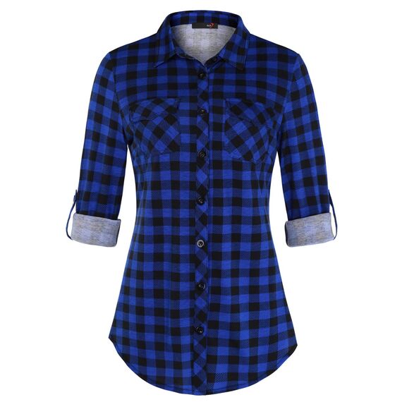 DJT Damen Weiches Gestrick Karierte Bluse Langarm 3/4 Roll Up Ärmel Hemdbluse Button-down Blusen Lebendiges Blau L