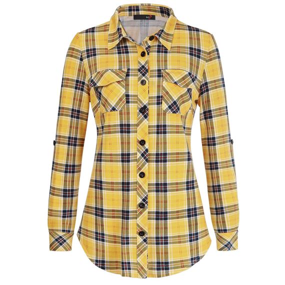 DJT Damen Weiches Gestrick Karierte Bluse Langarm Oberteile Roll Up Ärmel Hemdbluse Tunika Button Down Blusen Top Gelb Kariertes XL