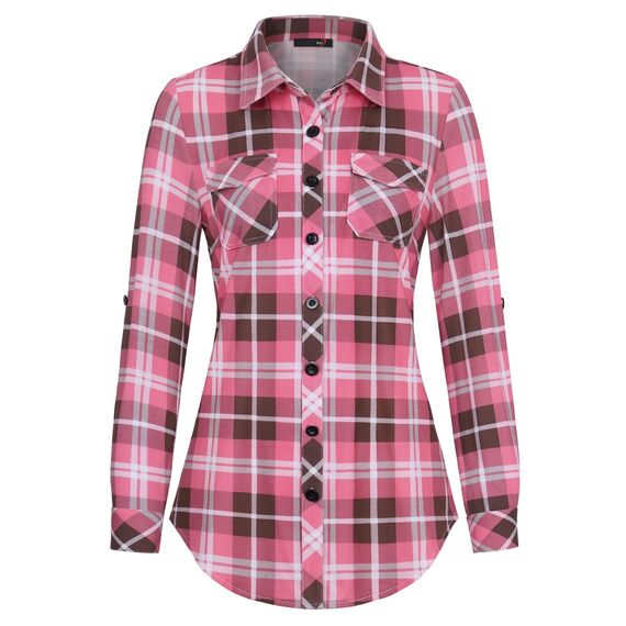 DJT Damen Weiches Gestrick Karierte Bluse Langarm Oberteile Roll Up Ärmel Hemdbluse Shirts Button Down Blusen Top Rosa-Braun M