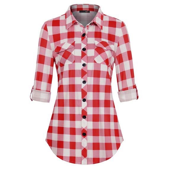 DJT Damen Weiches Gestrick Karierte Bluse Langarm Oberteile Roll Up Ärmel Hemdbluse Shirts Button Down Blusen Top Rot-Weiß XL