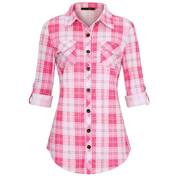 DJT Damen Weiches Gestrick Karierte Bluse Langarm Oberteile Roll Up Ärmel Hemdbluse Shirts Button Down Blusen Top Lebendiges-Rosa S
