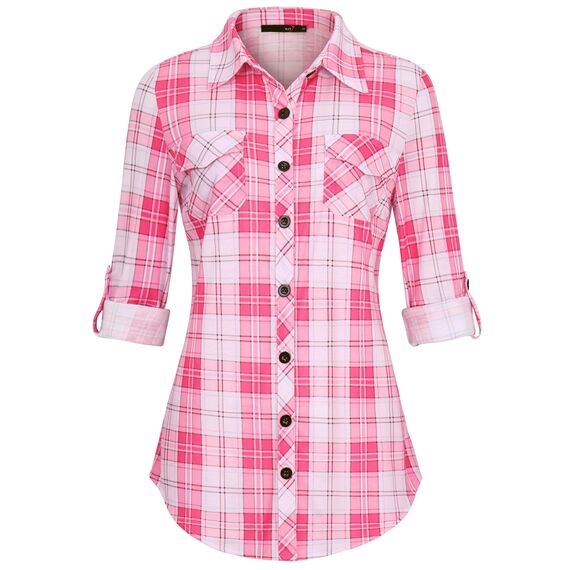 DJT Damen Weiches Gestrick Karierte Bluse Langarm Oberteile Roll Up Ärmel Hemdbluse Shirts Button Down Blusen Top Lebendiges-Rosa M