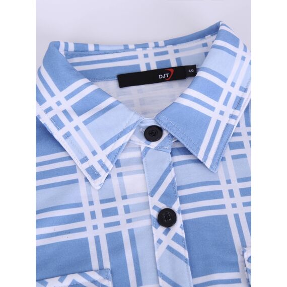 DJT Damen Weiches Gestrick Karierte Bluse Langarm Oberteile Roll Up Ärmel Hemdbluse Shirts Button Down Blusen Top Himmelblau XL