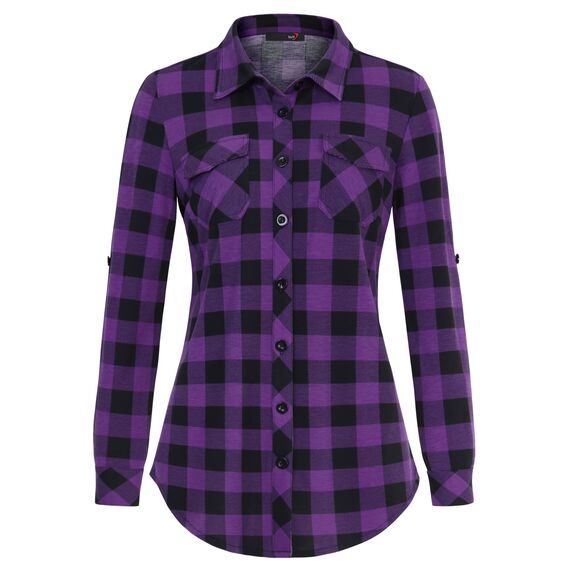 DJT Damen Weiches Gestrick Karierte Bluse Langarm Oberteile Roll Up Ärmel Hemdbluse Tunika Button Down Blusen Top Violett Schwarz Kariertes M