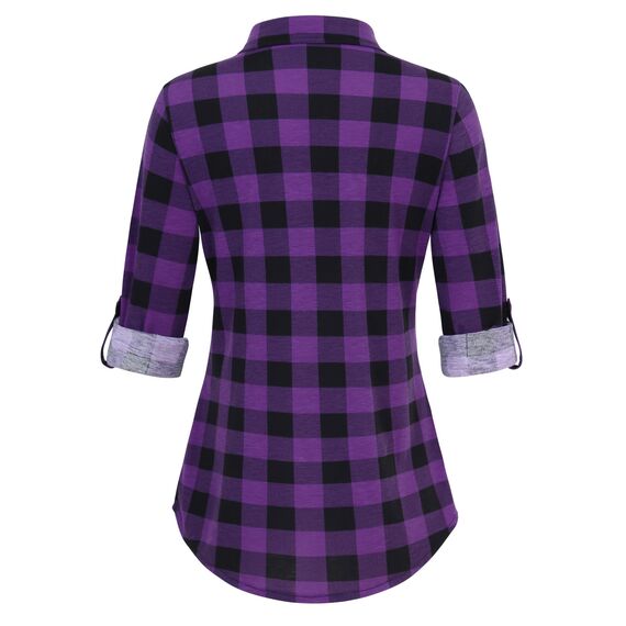 DJT Damen Weiches Gestrick Karierte Bluse Langarm Oberteile Roll Up Ärmel Hemdbluse Tunika Button Down Blusen Top Violett Schwarz Kariertes S