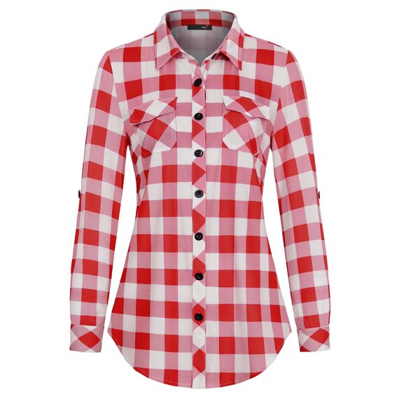 DJT Damen Weiches Gestrick Karierte Bluse Langarm Oberteile Roll Up Ärmel Hemdbluse Shirts Button Down Blusen Top Rot-Weiß L