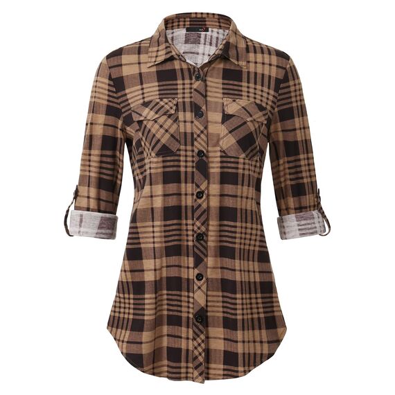 DJT Damen Weiches Gestrick Karierte Bluse Langarm Oberteile Roll Up Ärmel Hemdbluse Shirts Button Down Blusen Top Kaffee-Braun L