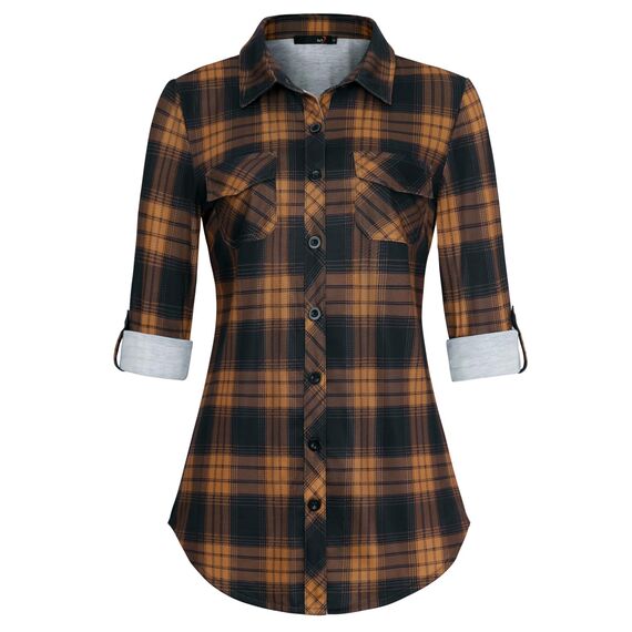 DJT Damen Weiches Gestrick Karierte Bluse Langarm Oberteile Roll Up Ärmel Hemdbluse Tunika Button Down Blusen Top Orange-Schwarz L