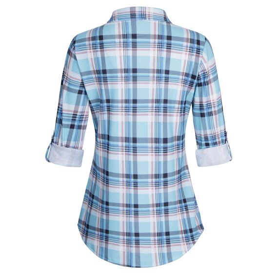 DJT Damen Weiches Gestrick Karierte Bluse Langarm Oberteile Roll Up Ärmel Hemdbluse Tunika Button Down Blusen Top Hellblaues Kariertes XL