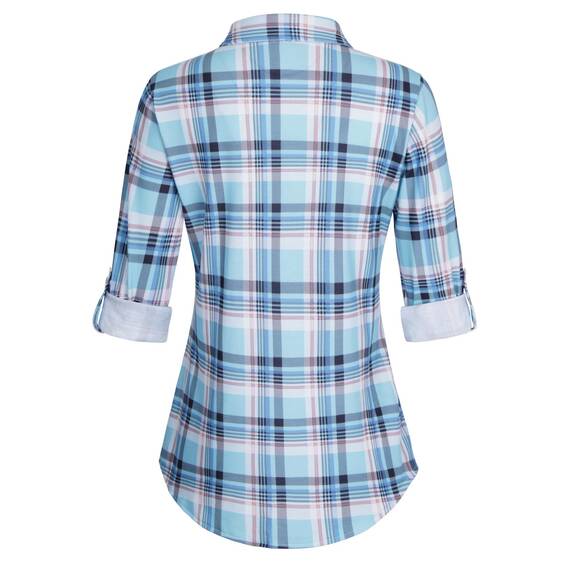 DJT Damen Weiches Gestrick Karierte Bluse Langarm Oberteile Roll Up Ärmel Hemdbluse Tunika Button Down Blusen Top Hellblaues Kariertes M