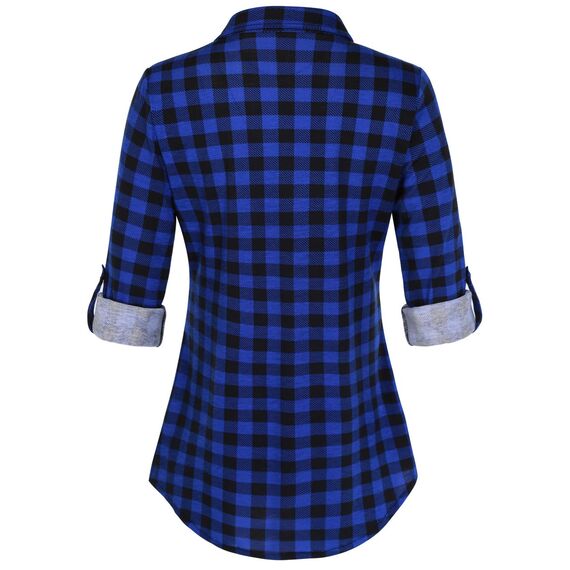 DJT Damen Weiches Gestrick Karierte Bluse Langarm 3/4 Roll Up Ärmel Hemdbluse Button-down Blusen Lebendiges Blau XL