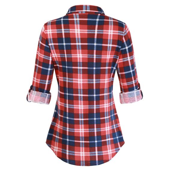 DJT Damen Weiches Gestrick Karierte Bluse Langarm 3/4 Roll Up Ärmel Hemdbluse Button-down Blusen Feuriges Rot L