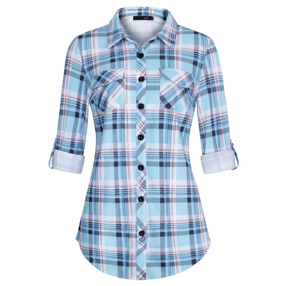 DJT Damen Weiches Gestrick Karierte Bluse Langarm Oberteile Roll Up Ärmel Hemdbluse Tunika Button Down Blusen Top Hellblaues Kariertes L