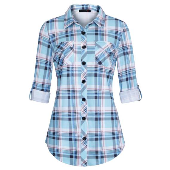 DJT Damen Weiches Gestrick Karierte Bluse Langarm Oberteile Roll Up Ärmel Hemdbluse Tunika Button Down Blusen Top Hellblaues Kariertes M