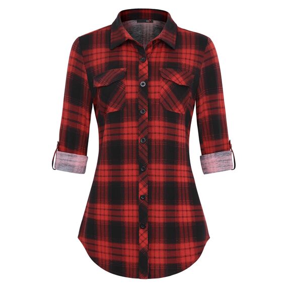 DJT Damen Weiches Gestrick Karierte Bluse Langarm Oberteile Roll Up Ärmel Hemdbluse Shirts Button Down Blusen Top Rot-Schwarz XL