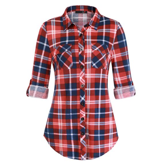 DJT Damen Weiches Gestrick Karierte Bluse Langarm 3/4 Roll Up Ärmel Hemdbluse Button-down Blusen Feuriges Rot L