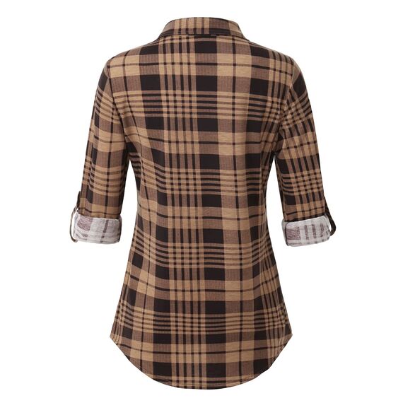 DJT Damen Weiches Gestrick Karierte Bluse Langarm Oberteile Roll Up Ärmel Hemdbluse Shirts Button Down Blusen Top Kaffee-Braun L