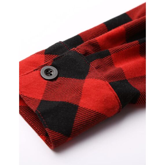 DJT Damen Weiches Gestrick Karierte Bluse Langarm 3/4 Roll Up Ärmel Hemdbluse Button-down Blusen Rot M