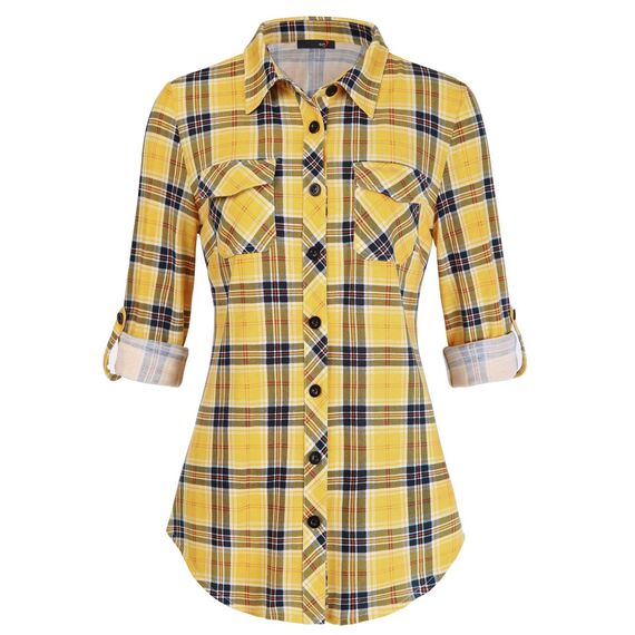 DJT Damen Weiches Gestrick Karierte Bluse Langarm Oberteile Roll Up Ärmel Hemdbluse Tunika Button Down Blusen Top Gelb Kariertes L