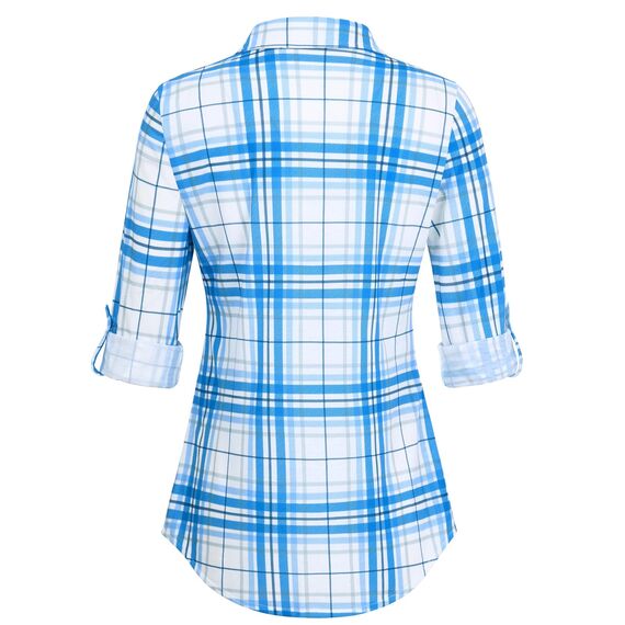 DJT Damen Weiches Gestrick Karierte Bluse Langarm Oberteile Roll Up Ärmel Hemdbluse Shirts Button Down Blusen Top Blau-Weiß L