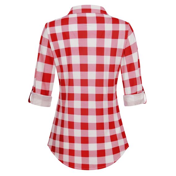 DJT Damen Weiches Gestrick Karierte Bluse Langarm Oberteile Roll Up Ärmel Hemdbluse Shirts Button Down Blusen Top Rot-Weiß M