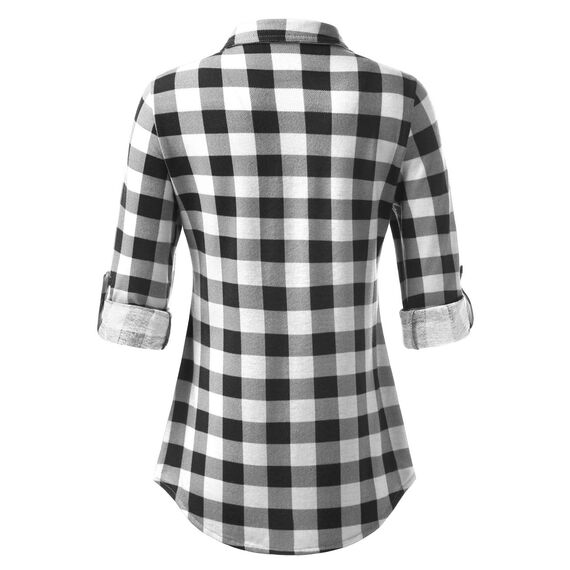 DJT Damen Weiches Gestrick Karierte Bluse Langarm 3/4 Roll Up Ärmel Hemdbluse Button-down Blusen Schwarz #2 L