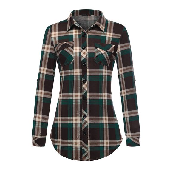 DJT Damen Weiches Gestrick Karierte Bluse Langarm Oberteile Roll Up Ärmel Hemdbluse Shirts Button Down Blusen Top Kaffee-Grün L