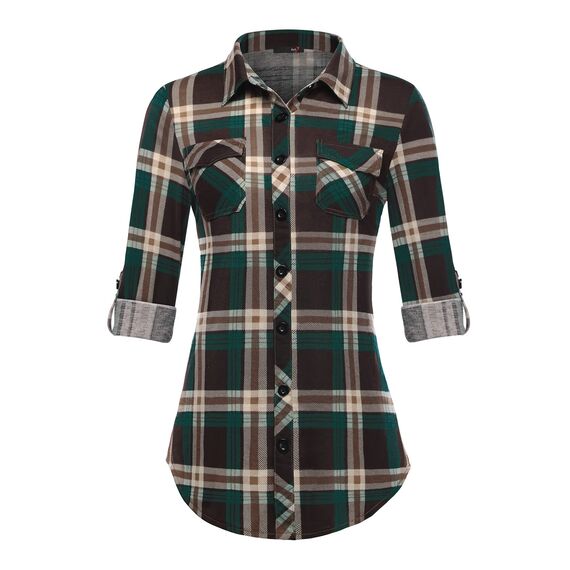 DJT Damen Weiches Gestrick Karierte Bluse Langarm Oberteile Roll Up Ärmel Hemdbluse Shirts Button Down Blusen Top Kaffee-Grün L