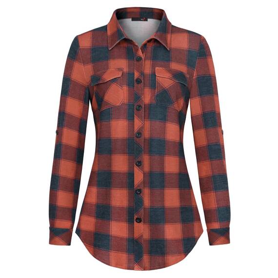DJT Damen Weiches Gestrick Karierte Bluse Langarm Oberteile Roll Up Ärmel Hemdbluse Shirts Button Down Blusen Top Rot-Marineblau L