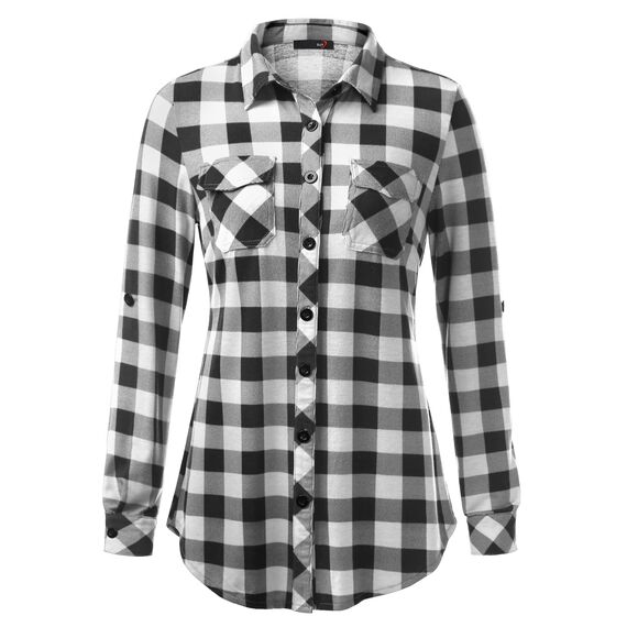 DJT Damen Weiches Gestrick Karierte Bluse Langarm 3/4 Roll Up Ärmel Hemdbluse Button-down Blusen Schwarz #2 L
