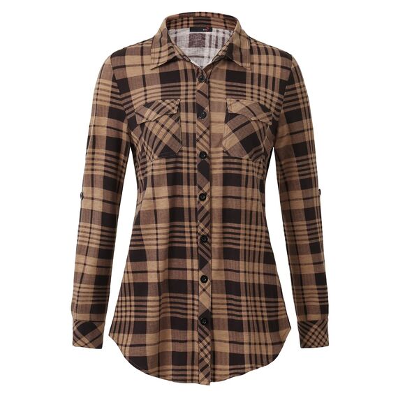 DJT Damen Weiches Gestrick Karierte Bluse Langarm Oberteile Roll Up Ärmel Hemdbluse Shirts Button Down Blusen Top Kaffee-Braun L