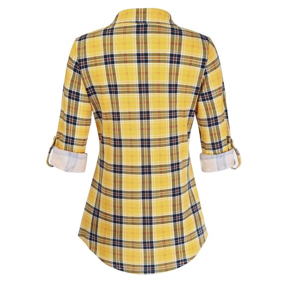 DJT Damen Weiches Gestrick Karierte Bluse Langarm Oberteile Roll Up Ärmel Hemdbluse Tunika Button Down Blusen Top Gelb Kariertes XL