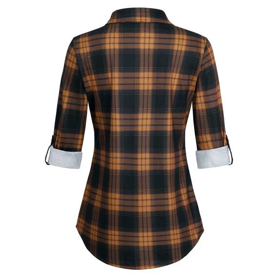DJT Damen Weiches Gestrick Karierte Bluse Langarm Oberteile Roll Up Ärmel Hemdbluse Tunika Button Down Blusen Top Orange-Schwarz S