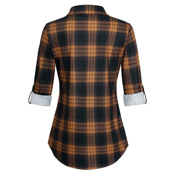 DJT Damen Weiches Gestrick Karierte Bluse Langarm Oberteile Roll Up Ärmel Hemdbluse Tunika Button Down Blusen Top Orange-Schwarz M
