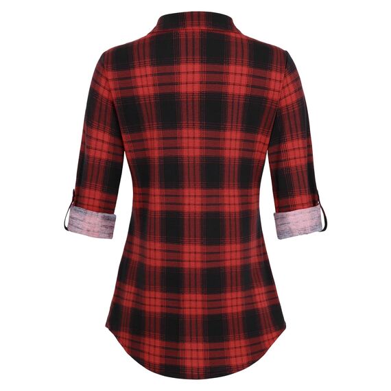 DJT Damen Weiches Gestrick Karierte Bluse Langarm Oberteile Roll Up Ärmel Hemdbluse Shirts Button Down Blusen Top Rot-Schwarz XL