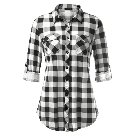 DJT Damen Weiches Gestrick Karierte Bluse Langarm 3/4 Roll Up Ärmel Hemdbluse Button-down Blusen Schwarz #2 L
