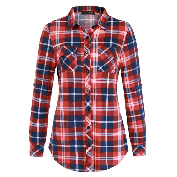 DJT Damen Weiches Gestrick Karierte Bluse Langarm 3/4 Roll Up Ärmel Hemdbluse Button-down Blusen Feuriges Rot S