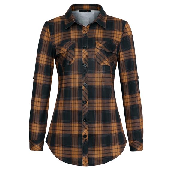 DJT Damen Weiches Gestrick Karierte Bluse Langarm Oberteile Roll Up Ärmel Hemdbluse Tunika Button Down Blusen Top Orange-Schwarz XL