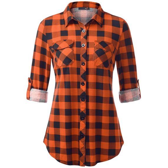 DJT Damen Weiches Gestrick Karierte Bluse Langarm Oberteile Roll Up Ärmel Hemdbluse Shirts Button Down Blusen Top Orange S
