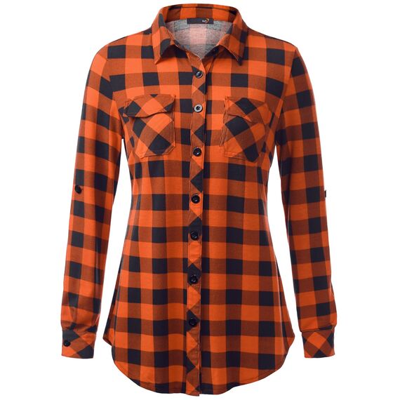 DJT Damen Weiches Gestrick Karierte Bluse Langarm Oberteile Roll Up Ärmel Hemdbluse Shirts Button Down Blusen Top Orange XL