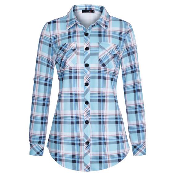 DJT Damen Weiches Gestrick Karierte Bluse Langarm Oberteile Roll Up Ärmel Hemdbluse Tunika Button Down Blusen Top Hellblaues Kariertes M