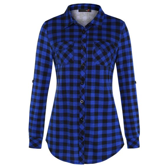 DJT Damen Weiches Gestrick Karierte Bluse Langarm 3/4 Roll Up Ärmel Hemdbluse Button-down Blusen Lebendiges Blau L