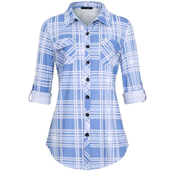 DJT Damen Weiches Gestrick Karierte Bluse Langarm Oberteile Roll Up Ärmel Hemdbluse Shirts Button Down Blusen Top Himmelblau XL