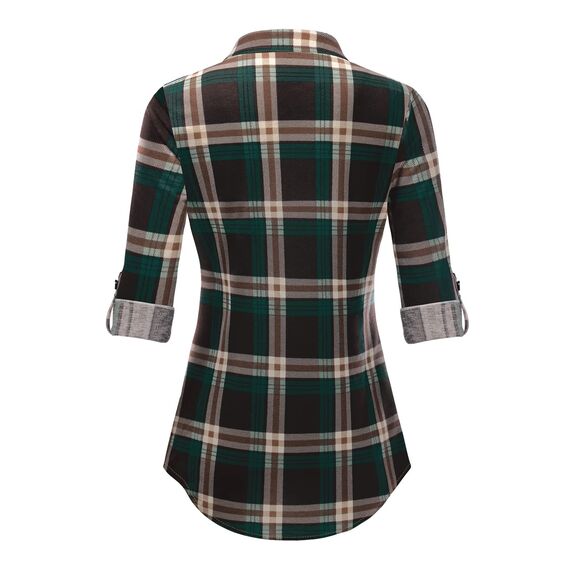 DJT Damen Weiches Gestrick Karierte Bluse Langarm Oberteile Roll Up Ärmel Hemdbluse Shirts Button Down Blusen Top Kaffee-Grün L