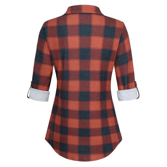 DJT Damen Weiches Gestrick Karierte Bluse Langarm Oberteile Roll Up Ärmel Hemdbluse Shirts Button Down Blusen Top Rot-Marineblau M