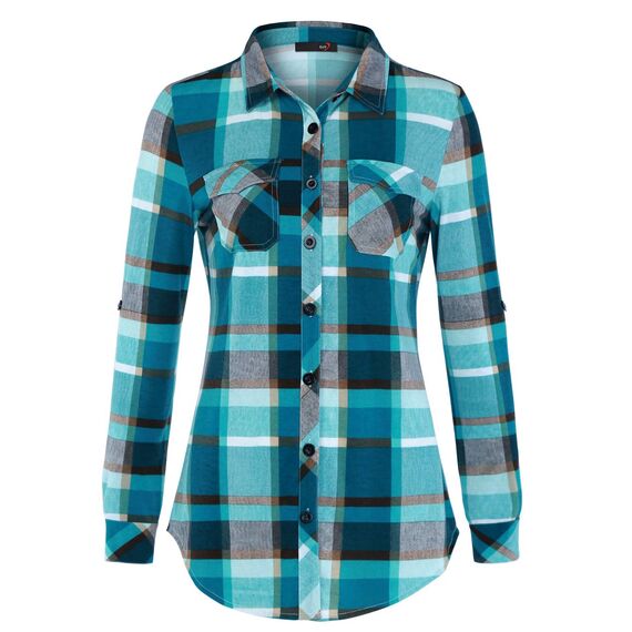 DJT Damen Weiches Gestrick Karierte Bluse Langarm 3/4 Roll Up Ärmel Hemdbluse Button-down Blusen Blau XL